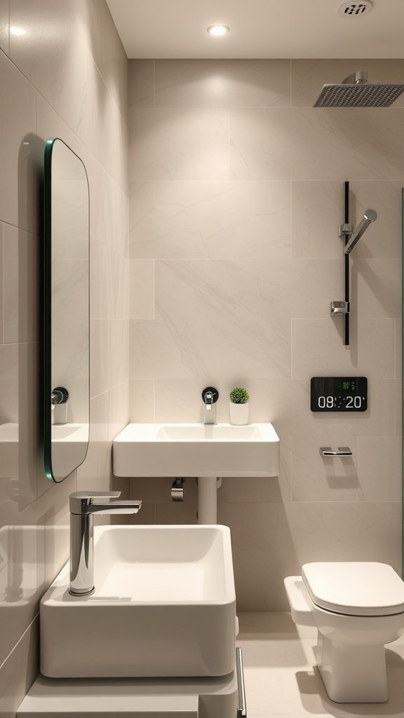 A modern luxury bathroom featuring a sleek design with a digital clock, minimalist sink, and stylish fixtures.