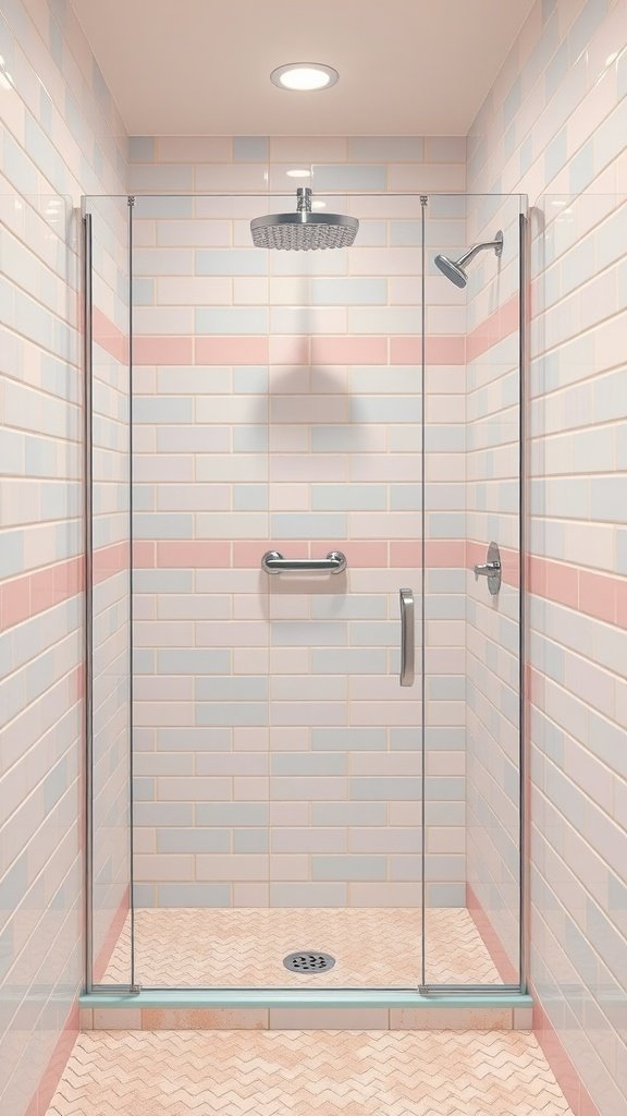 A walk-in shower with soft pastel tiles in light blue and pink, featuring a glass enclosure and herringbone patterned floor.