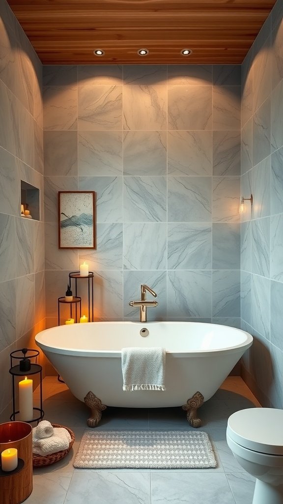 Modern luxury bathroom featuring a freestanding bathtub, soft lighting, and elegant decor