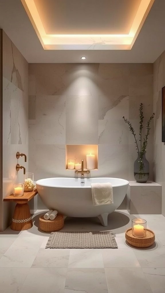 Stylish bathroom with a freestanding tub, candles, and potted plants, creating a serene spa-like atmosphere.