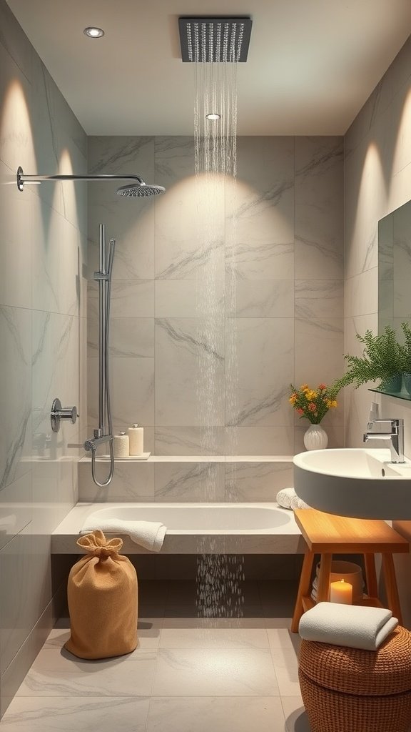 A modern bathroom featuring a rainfall showerhead, marble walls, a spacious bathtub, and warm lighting.