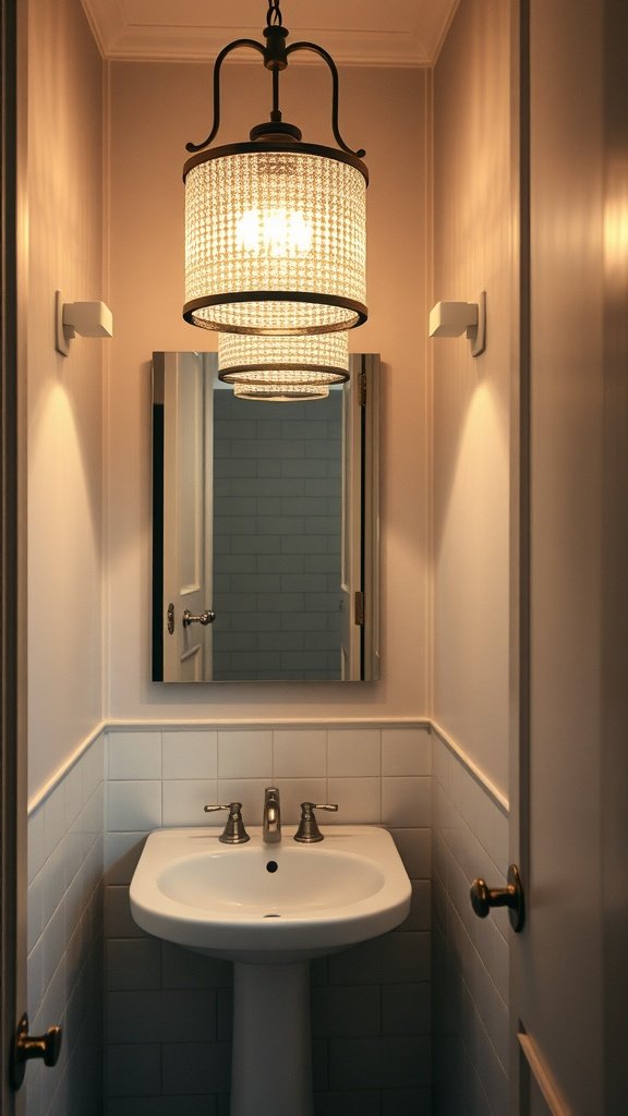 A stylish pendant light illuminating a small bathroom with a modern sink and mirror.