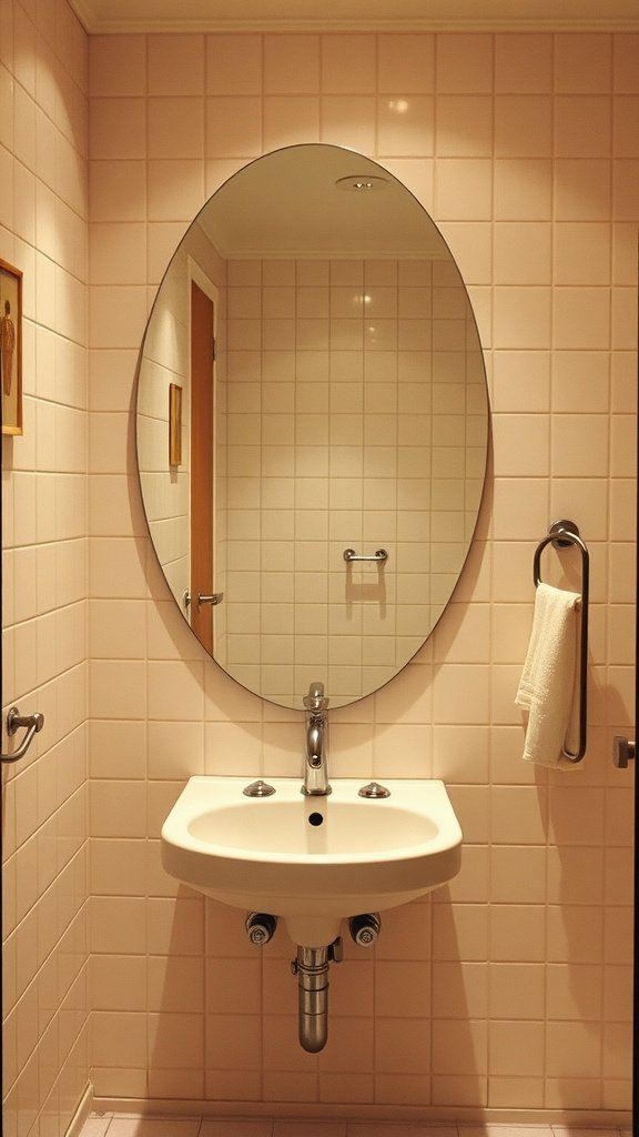 A stylish oval mirror above a minimal sink in a pink tiled bathroom.