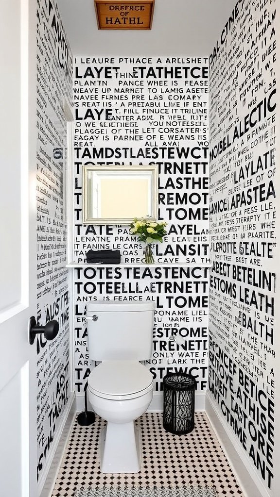 A small bathroom with bold statement wallpaper featuring black and white text.