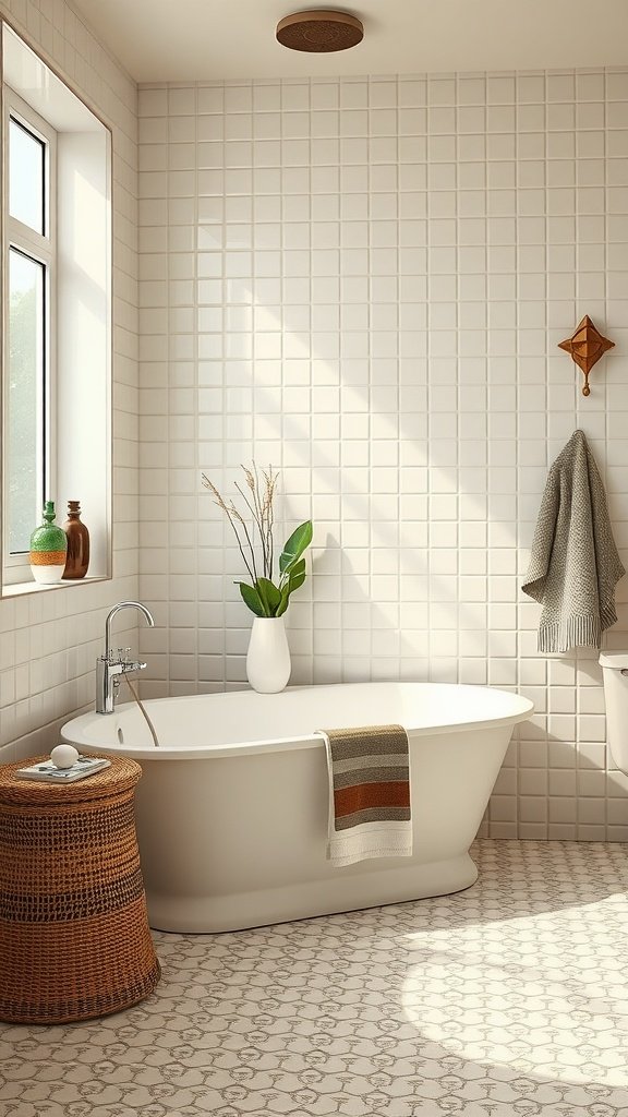 A stylish bathroom featuring a freestanding bathtub, wicker stool, and tiled walls, capturing 70s decor aesthetic.