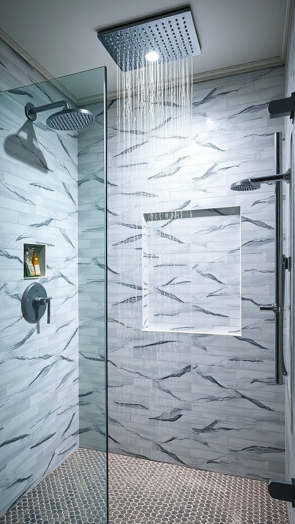 Modern luxury shower with rainfall shower head and wave-patterned tile walls.