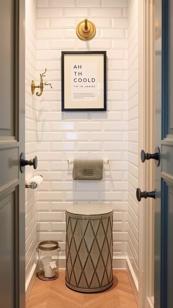 A modern small bathroom featuring a stylish waste bin with a decorative design.