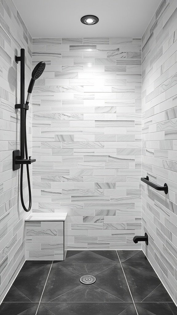 A modern walk-in shower with gray textured wall tiles, dark floor tiles, and black fixtures.