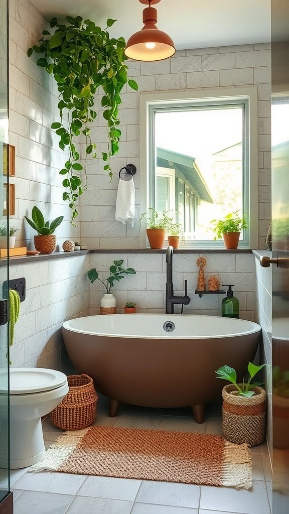 A bright bathroom filled with plants, showcasing eco-friendly design elements and wooden accents.