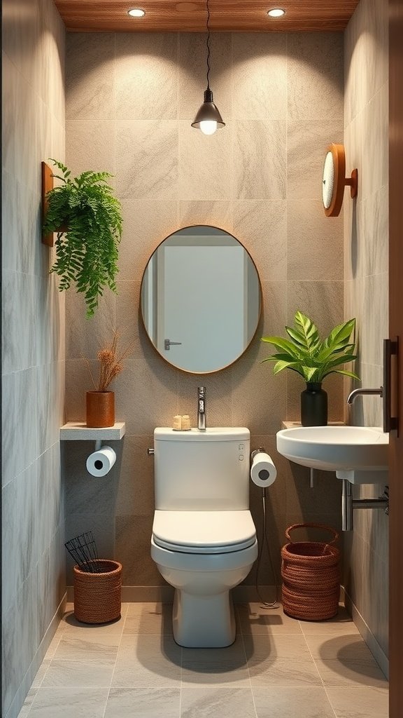 A small, eco-friendly bathroom featuring grey tiles, wooden accents, and plants.