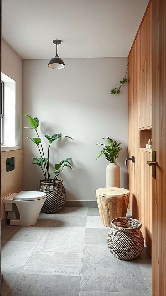 A Boho bathroom featuring sustainable materials, wooden accents, and potted plants.