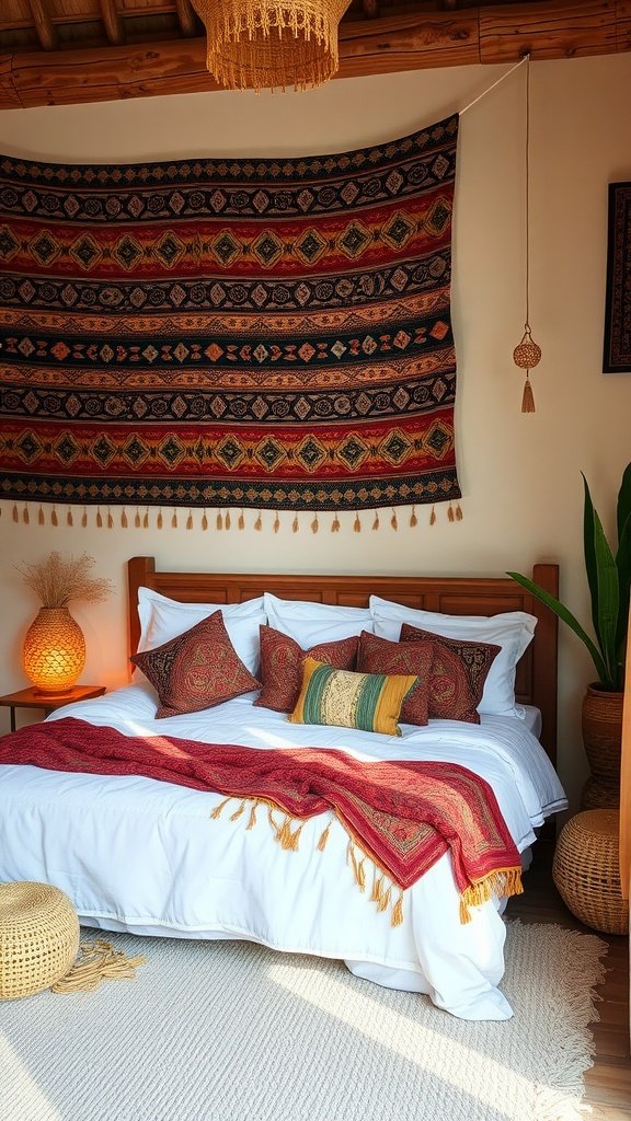 Earth Tone Boho Style Bedroom with a tapestry above the bed, colorful cushions, and soft bedding.