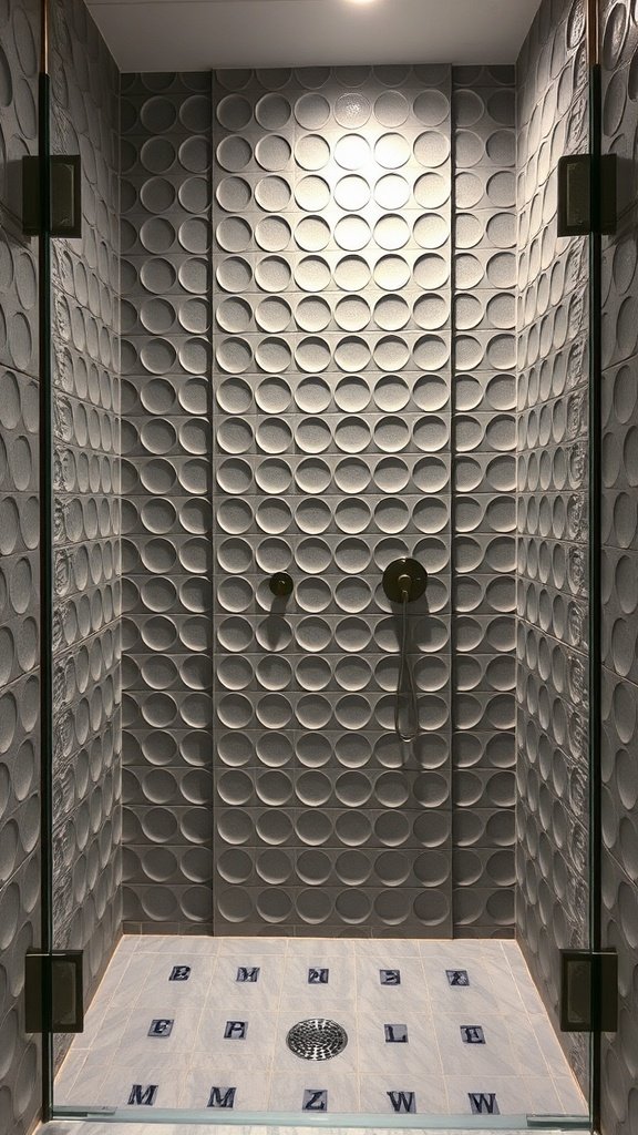 A walk-in shower featuring textured 3D tiles with circular patterns on the walls and a patterned floor.