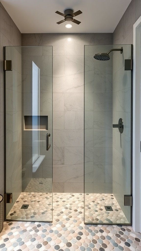 Walk-in shower featuring textured pebble floors with glass enclosure and light-colored tiled walls.