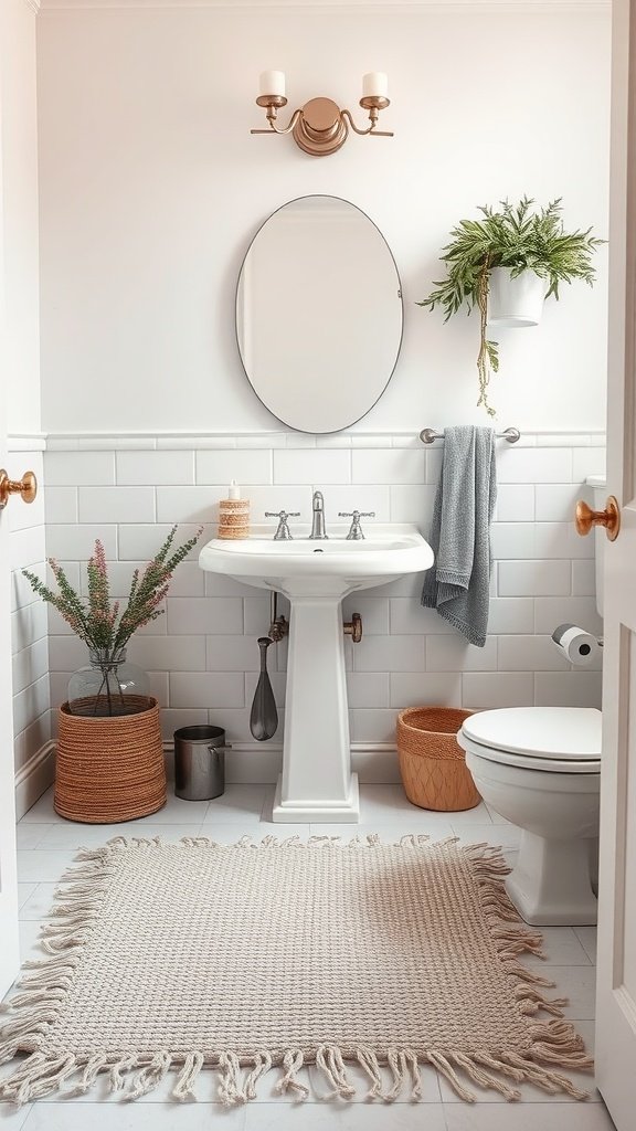 A beautifully styled bathroom featuring a soft, textured rug, plants, and modern fixtures.