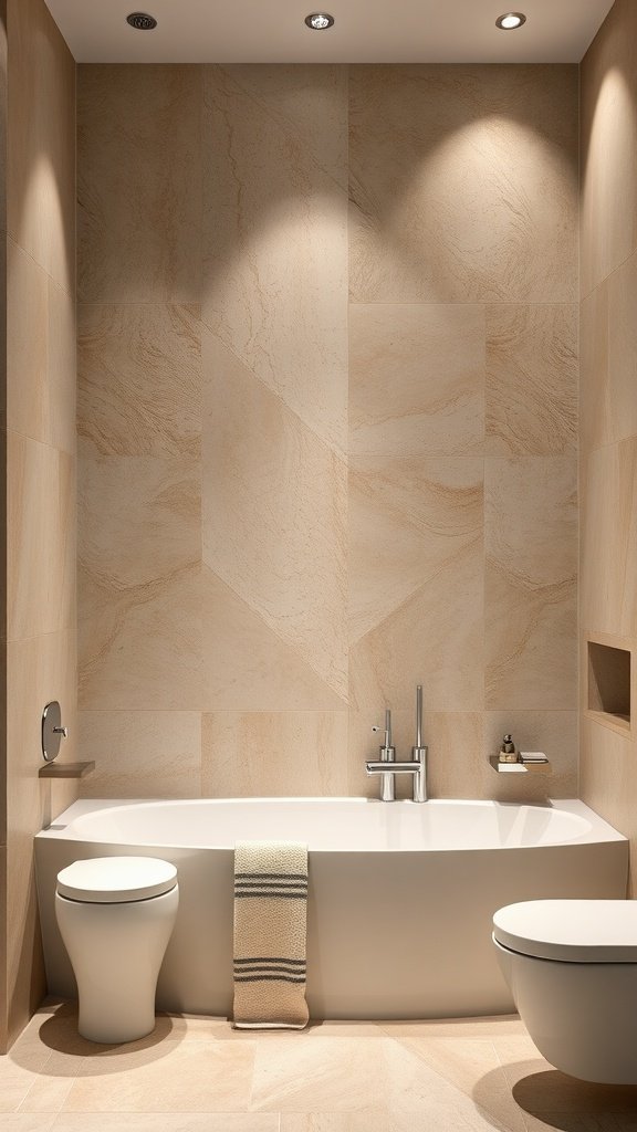 Modern luxury bathroom with textured wall finishes in warm tones.