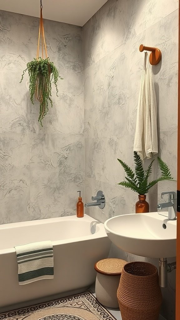 A cozy Boho bathroom featuring textured walls, a bathtub, a sink, hanging plants, and decorative baskets.