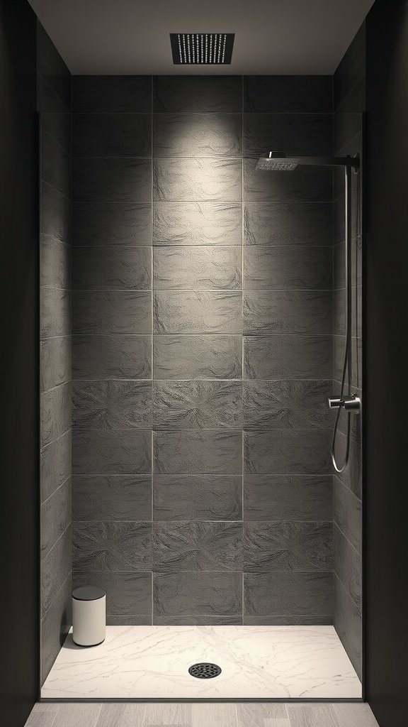 Stylish walk-in shower with textured wall panels and light marble base.