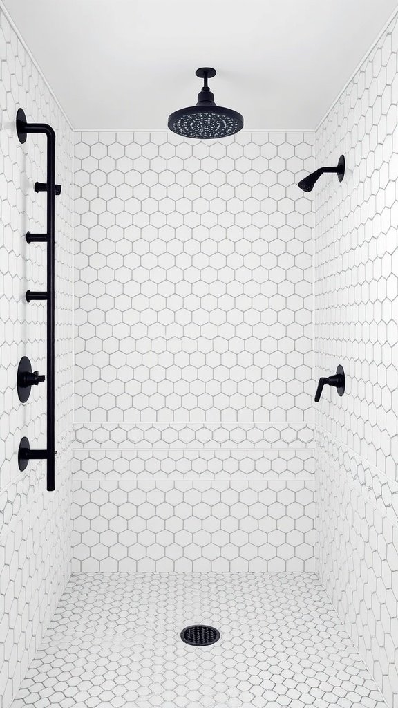 Modern walk-in shower with white hexagon tiles and black fixtures