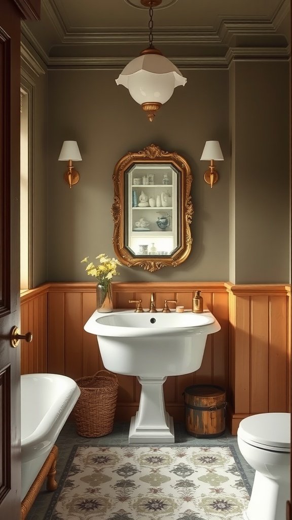 A traditional styled bathroom featuring a vintage sink, warm wood paneling, and elegant decor.