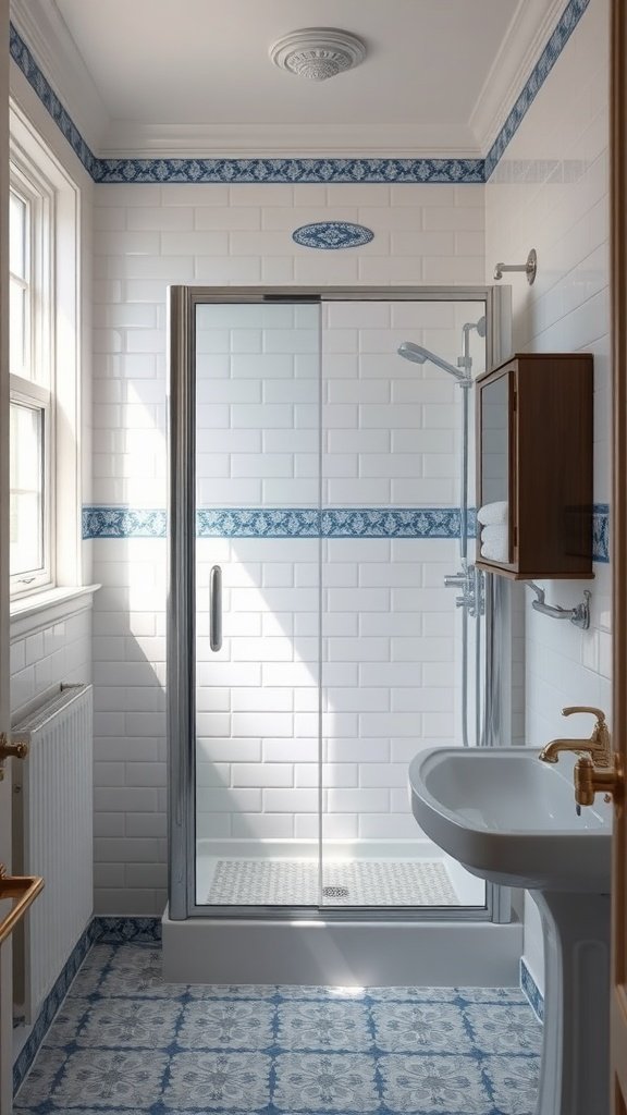 A traditional white and blue bathroom featuring a walk-in shower with glass doors and patterned floor tiles.