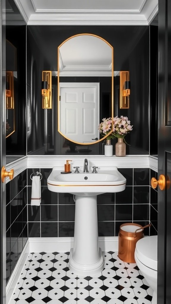 Transitional black and white bathroom featuring brass accents with a pedestal sink, patterned floor, and elegant decor.