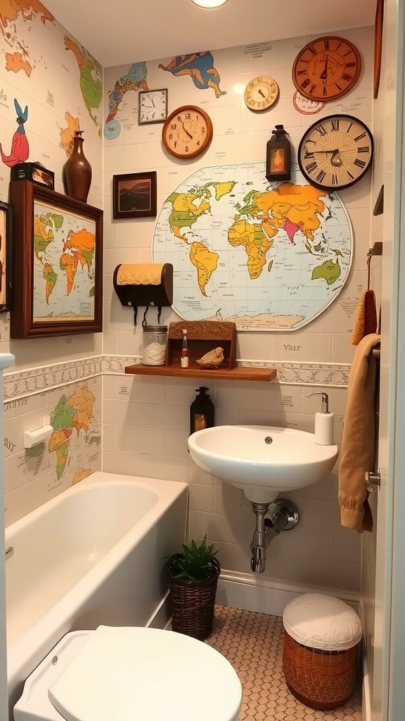 A small bathroom with maps on the wall, a vintage clock, and decorative storage baskets.