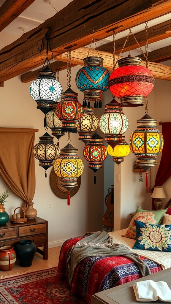 A collection of colorful Turkish lanterns hanging from a ceiling, creating a vibrant atmosphere in a boho style bedroom.