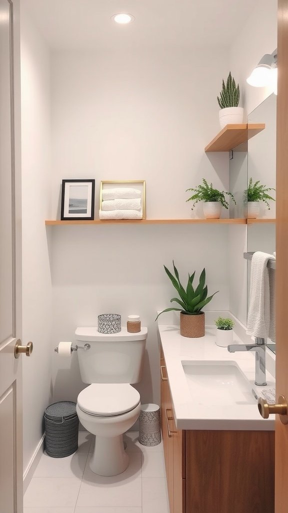 A small, uncluttered bathroom with a modern design featuring a toilet, sink, and a wooden shelf with decorative items.