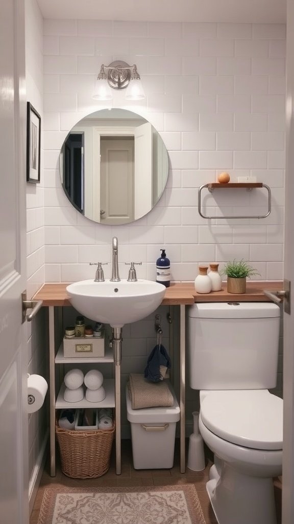 A small bathroom with under-sink storage featuring a round mirror, wooden countertop, and organized shelves.