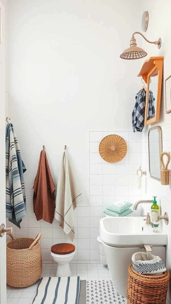 A cozy bathroom with neatly arranged towels, decorative baskets, and a warm light fixture.