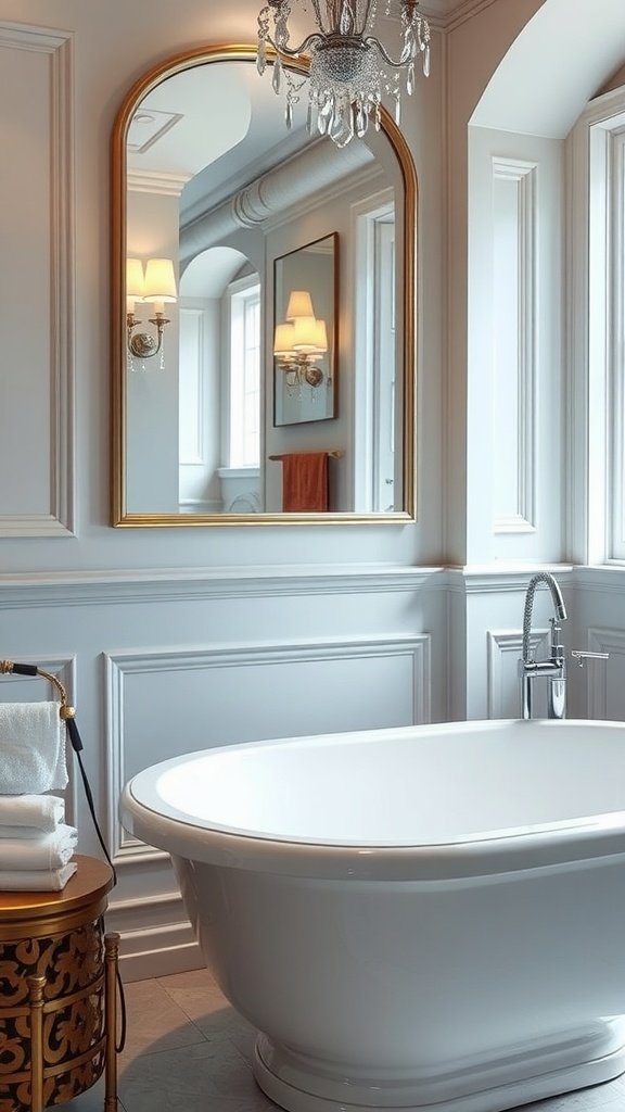 A luxurious bathroom featuring a white bathtub with shell-shaped feet, marble walls, and elegant gold fixtures.