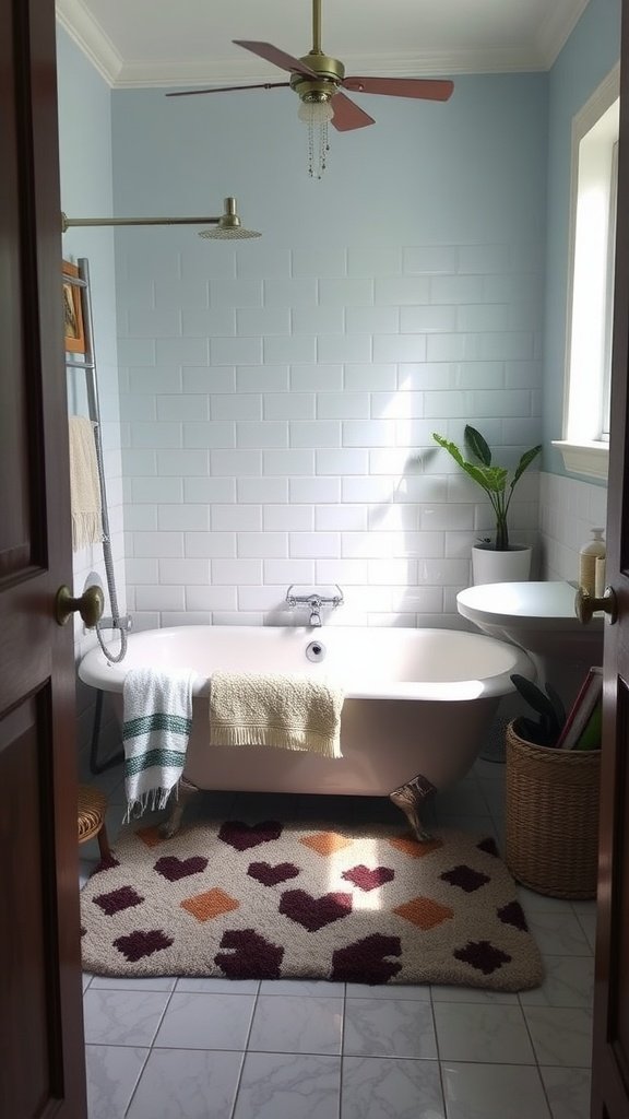 A unique bath mat with heart designs in a bright bathroom setting.