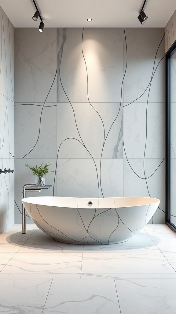 A modern, uniquely designed bathtub with smooth curves and marble-patterned walls, illuminated by natural light.