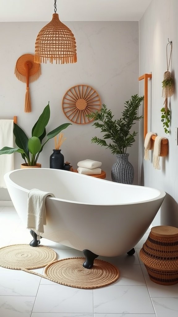 A modern, freestanding bathtub in a stylish Boho bathroom with woven decor and plants.