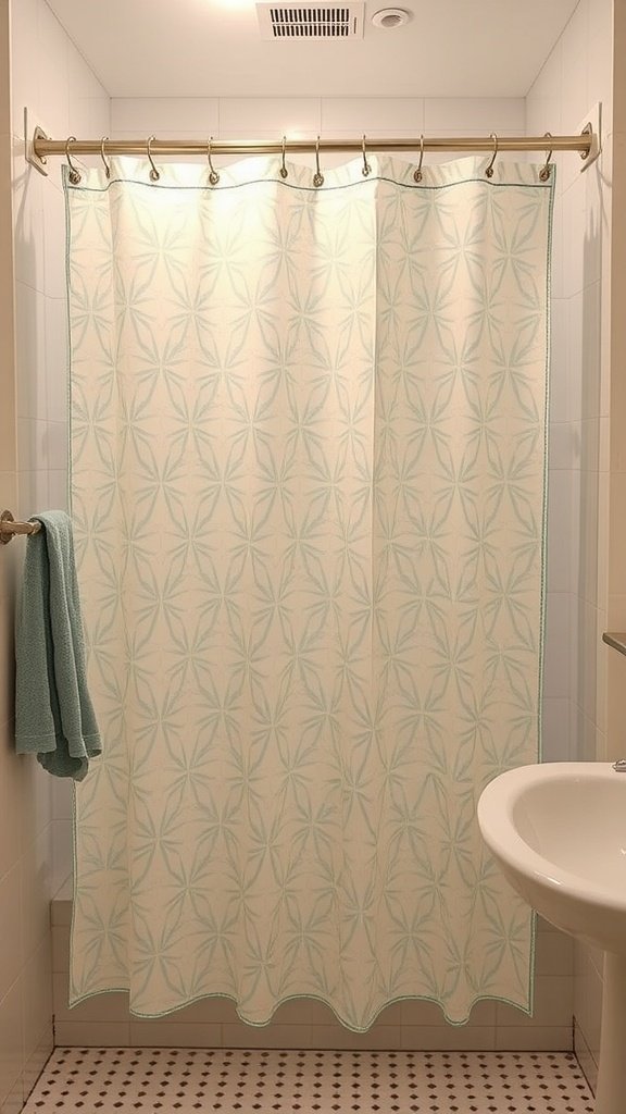 A patterned shower curtain in a bathroom, featuring a light floral design.