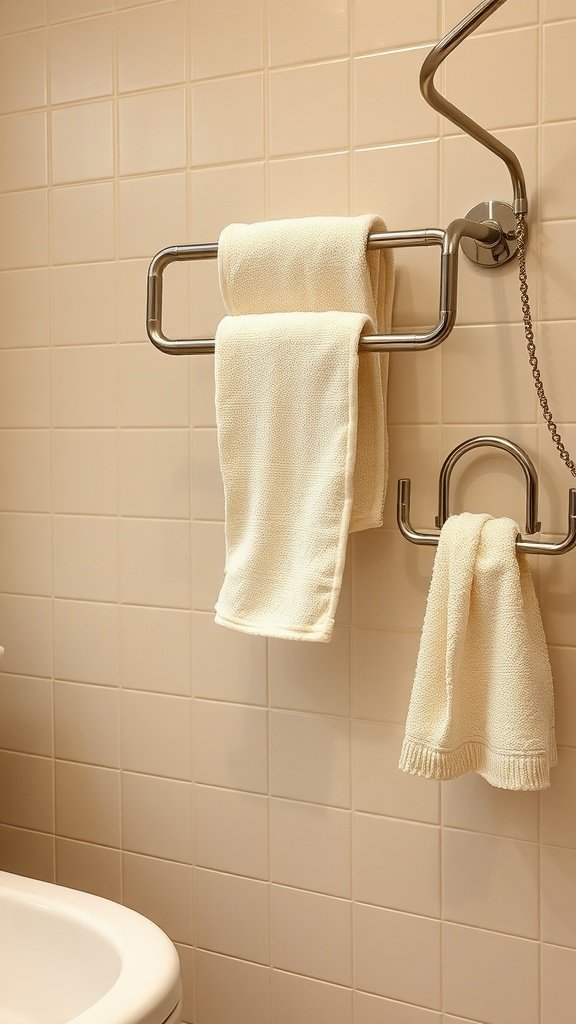 Unique towel rack in a 70s style bathroom with beige tiles.