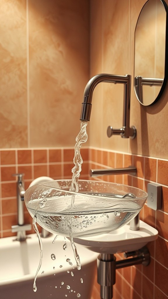 A modern sink with playful water flow in a 70s style bathroom with orange tiles.