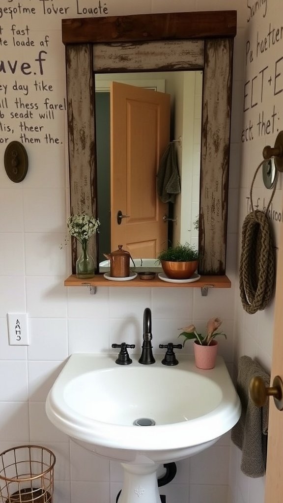 A bathroom with a vintage-style sink, rustic mirror, and upcycled accessories on a shelf.