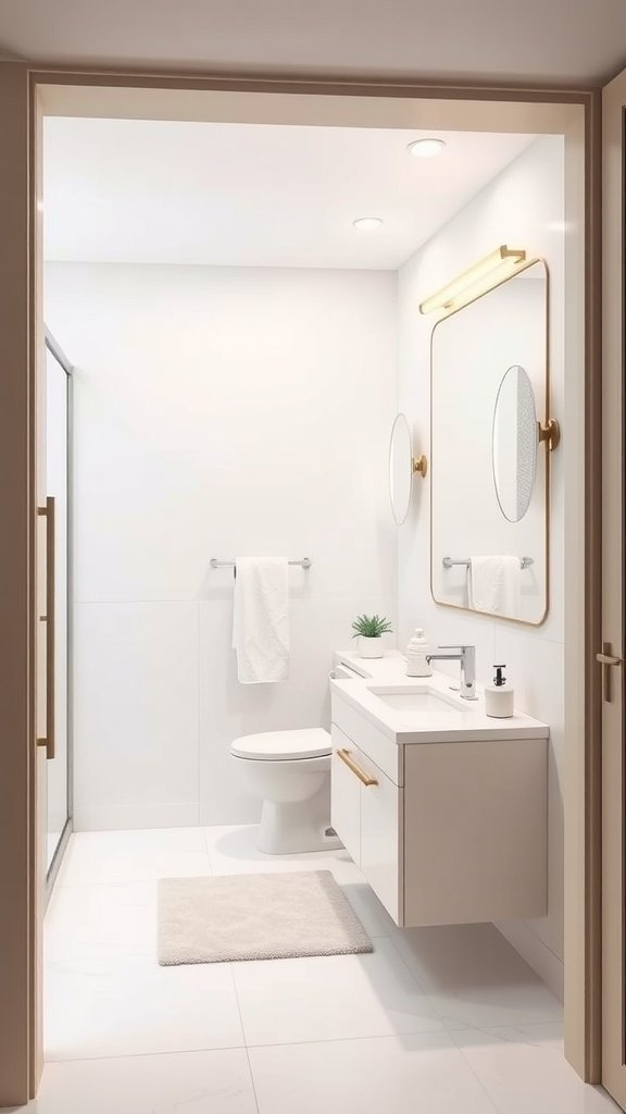 A small bathroom with a light color scheme, featuring a floating vanity and minimal decor.