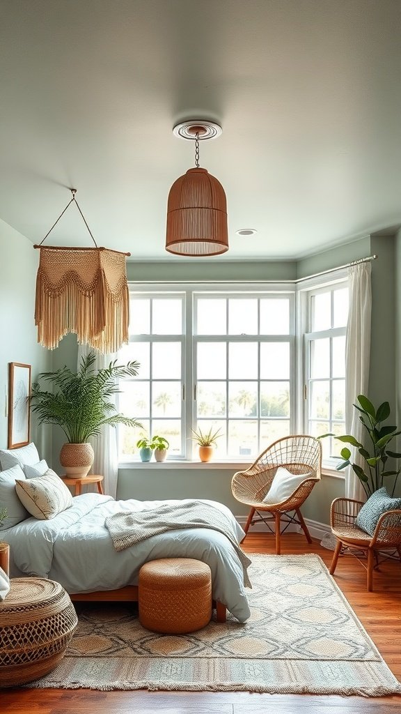 A soothing sage green bedroom with a ceiling painted in sage green, featuring boho decor elements like rattan furniture and plants.