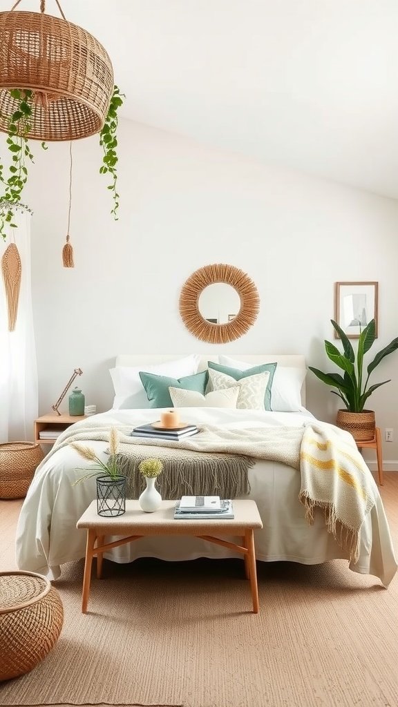 A cozy bedroom featuring sage green accent pillows on a neutral bedspread, with natural decor elements like wicker and plants.