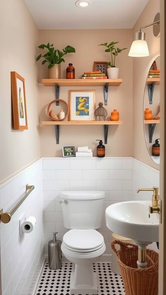 A small bathroom with a round mirror, corner shelves, plants, and stylish decor.