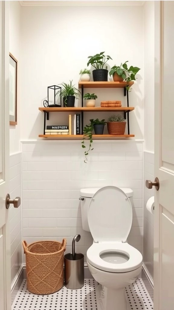 A small bathroom featuring shelves above the toilet with plants and decorative items.