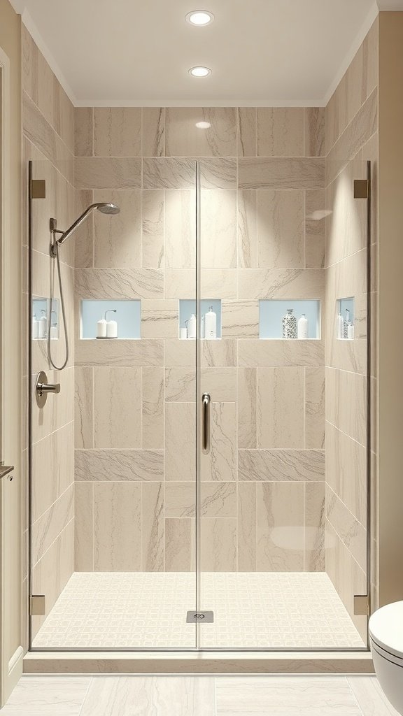 A modern walk-in shower with neutral beige tiles, glass panels, and recessed shelves.