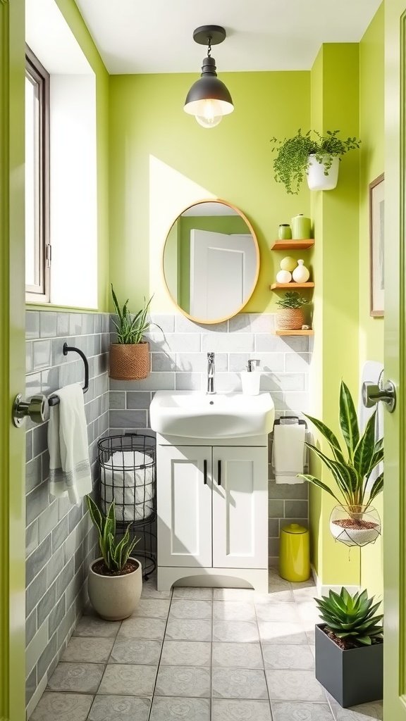 A small bathroom with lime green walls and gray tiled accents, featuring a compact vanity and plants.