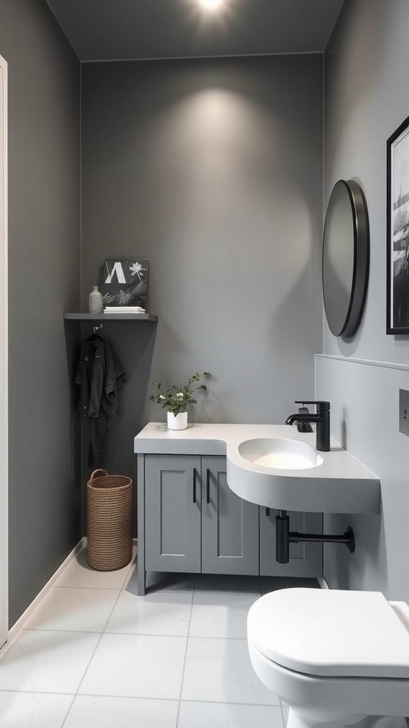 A modern and compact grayscale bathroom featuring a bended countertop, gray walls, and stylish decor.