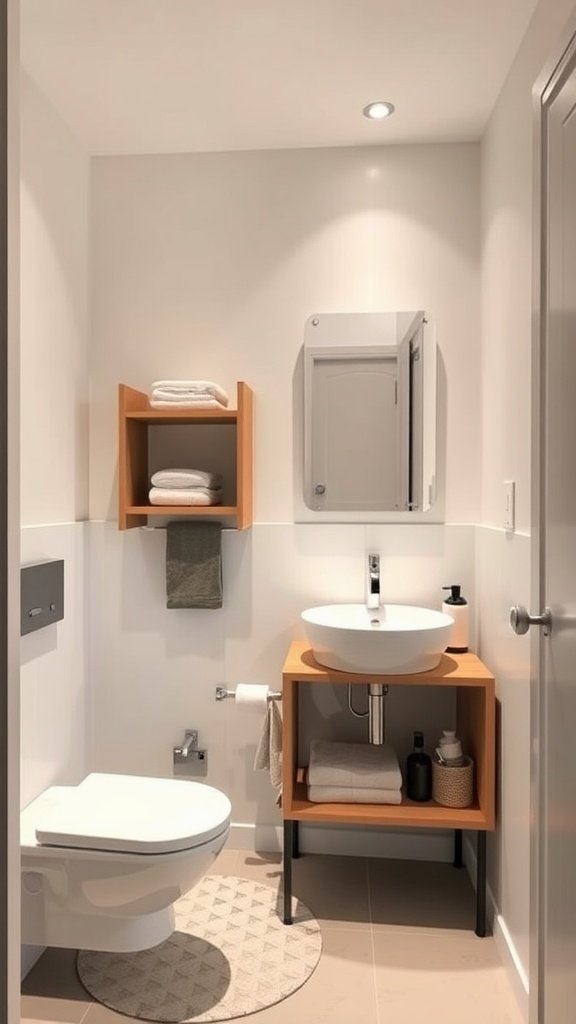 A very small modern bathroom with neutral colors, featuring a toilet, a stylish sink, and wooden shelves for storage.