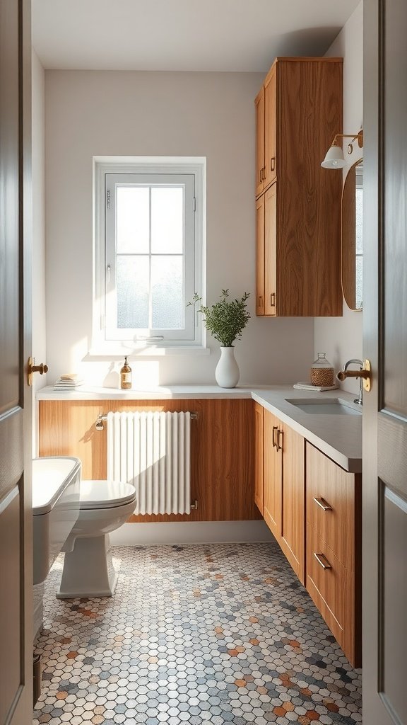 A very small Scandinavian bathroom featuring wooden cabinets and a penny mosaic floor, with natural light coming through a window.