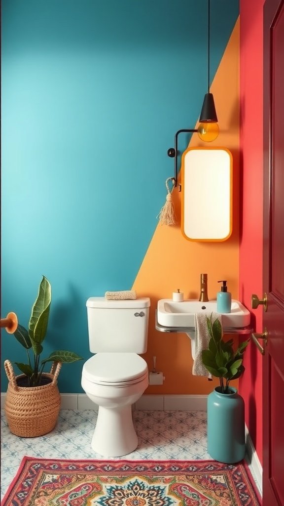 A bathroom with a turquoise and coral accent wall, featuring a white toilet, minimalist sink, plants, and a patterned rug.